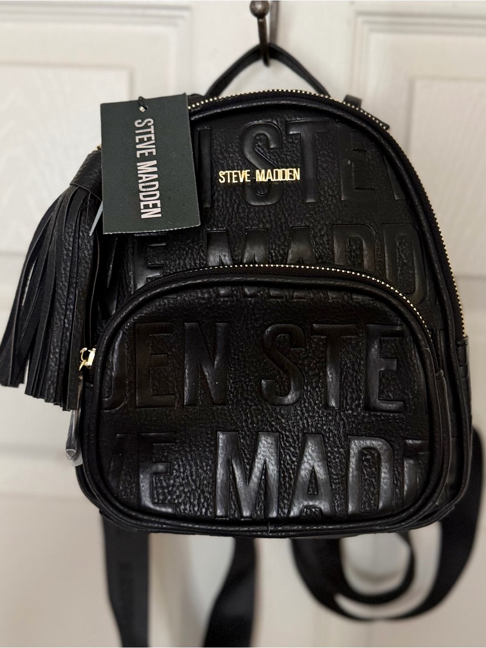Steve Madden Black Embossed Tassel Mini Backpack